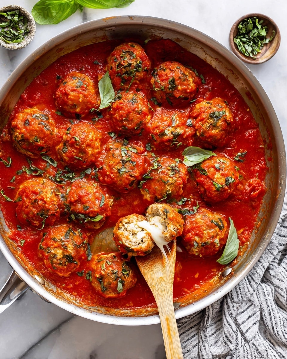 A round stainless steel skillet filled with many brown meatballs covered in bright red tomato sauce, sprinkled with small green herb pieces, with one meatball cut open on a wooden spoon showing melted white cheese inside; fresh bright green basil leaves and parsley are scattered around the dish, all set on a white marbled surface with a small white bowl of green herbs at the top and a striped yellow and white cloth at the bottom right corner. Photo taken with an iphone --ar 4:5 --v 7