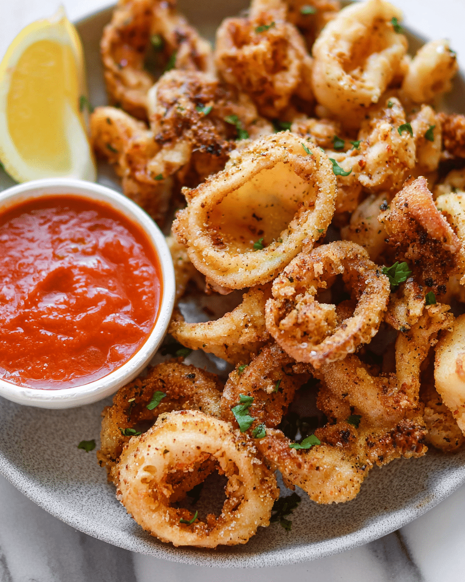 A grey round plate filled with two layers of golden brown fried calamari rings with a crispy texture, sprinkled with small bits of green parsley. On the left side of the plate, there is a small white bowl filled with red marinara sauce topped with green parsley flakes. A slice of yellow lemon is placed on the top edge of the plate while two lemon slices are on the white marbled surface near the plate. photo taken with an iphone --ar 4:5 --v 7