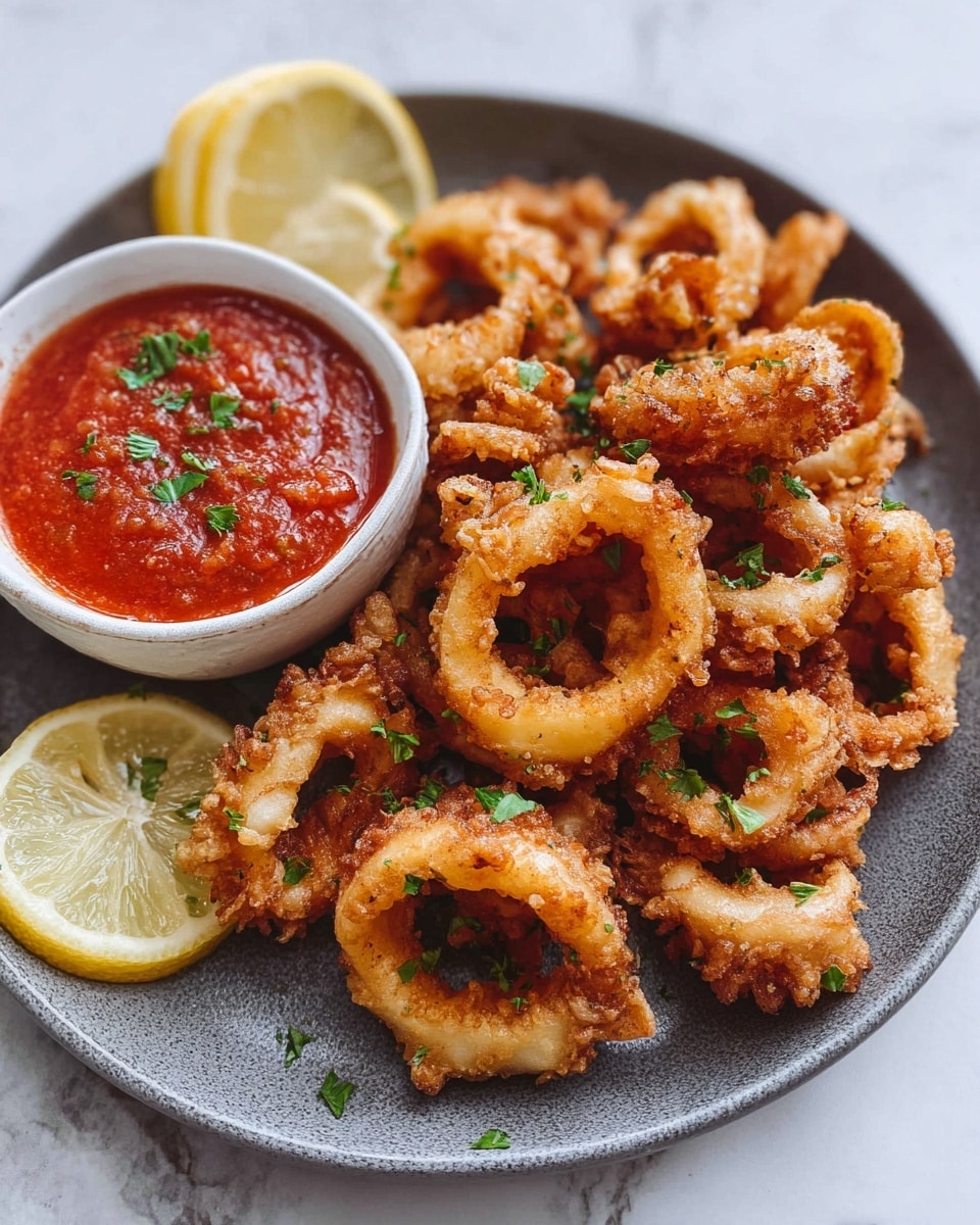 A close-up view of a round white plate filled with golden-brown fried calamari rings and pieces, lightly browned with a crisp, textured surface sprinkled with small green herbs. On the left side of the plate, there is a small white bowl of bright red dipping sauce. In the top left corner, a wedge of lemon sits on the edge of the plate. The background is a white marbled texture. photo taken with an iphone --ar 4:5 --v 7