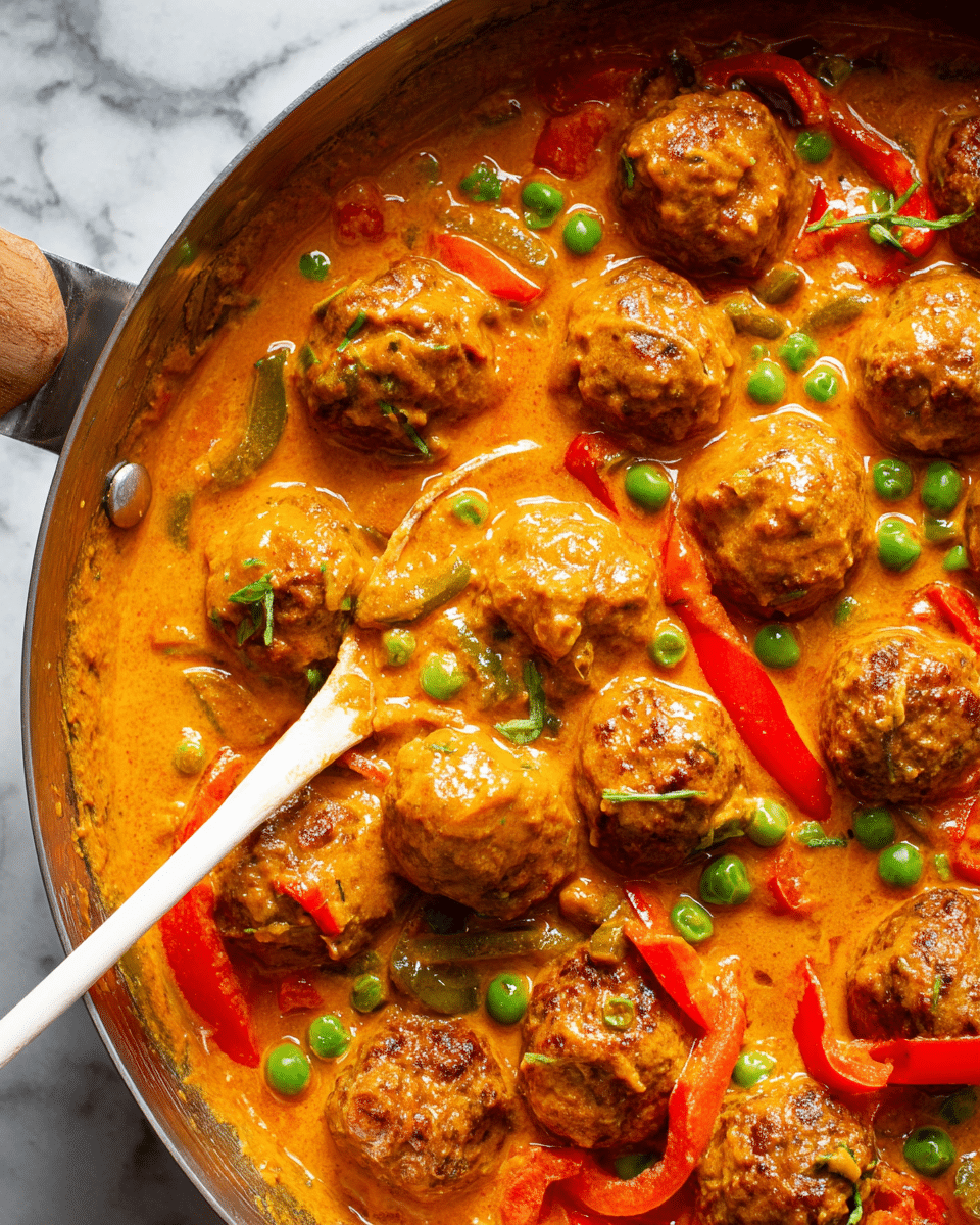 A close-up view of a pan filled with round meatballs covered in a thick orange curry sauce. The sauce has visible green peas and sliced red bell peppers mixed in, giving a mix of orange, green, and red colors. A white spoon is partially submerged in the sauce, lifting some meatballs and vegetables. The pan is on a white marbled surface, and the sauce looks smooth and creamy with a glossy shine, showing layers of vibrant vegetables and meatballs all coated evenly. Photo taken with an iphone --ar 4:5 --v 7