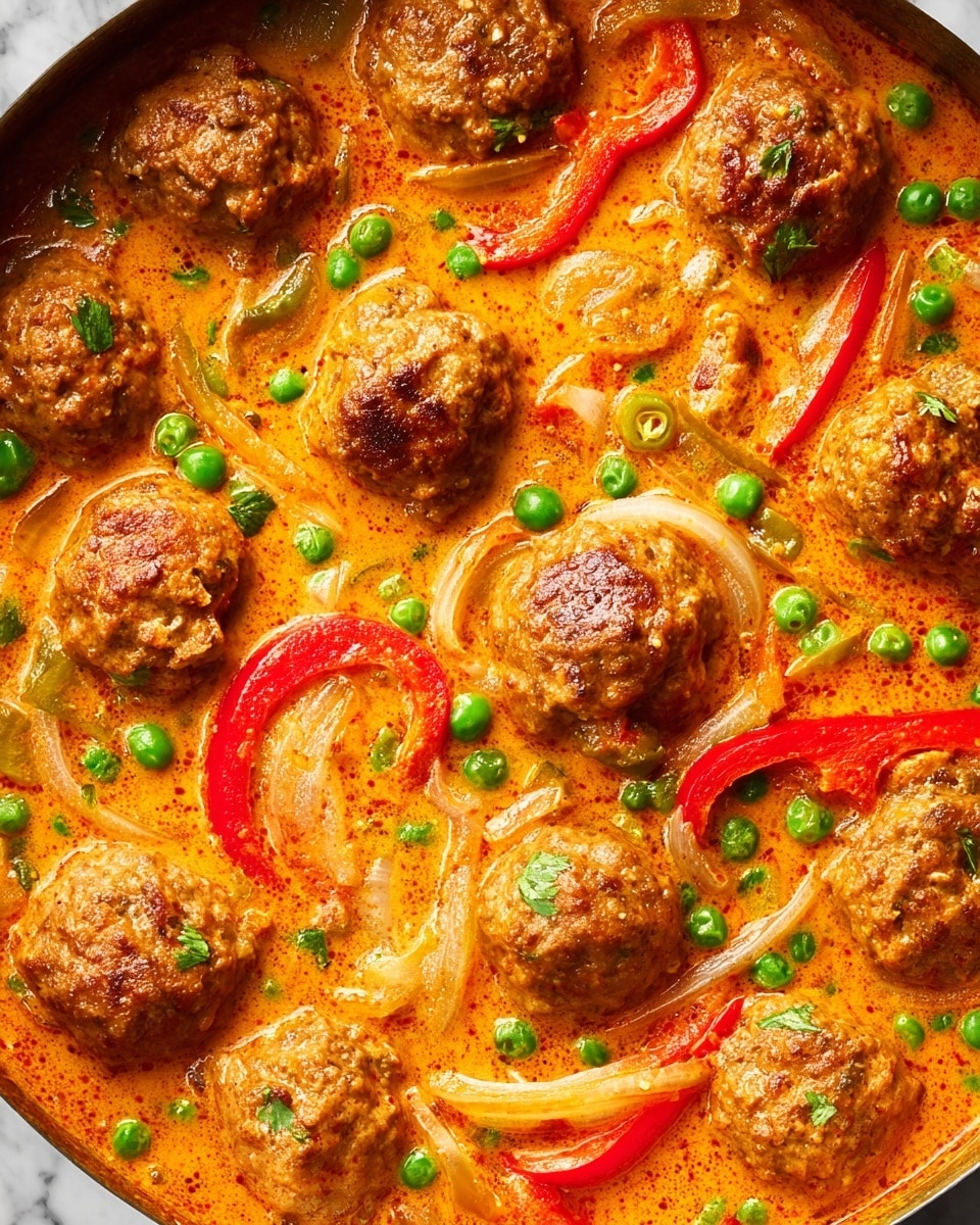The image shows several round meatballs floating in a thick, creamy orange-red sauce. The sauce has visible specks of spices, adding texture and color. Mixed into the sauce are bright green peas, thin white onion slices, and curved strips of red bell pepper, creating a colorful contrast. The meatballs have a browned, slightly rough exterior and are scattered evenly across the sauce. The surface beneath the dish is a white marbled texture. photo taken with an iphone --ar 4:5 --v 7