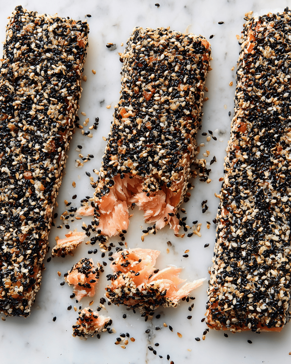 Three thick salmon fillets lie side by side on a white marbled surface. Each fillet is fully covered in a rough, bumpy crust of black and white sesame seeds. One fillet in the middle is broken apart, showing the tender, flaky pink fish inside, contrasting with the textured sesame seed coating on the outside. A small piece of the salmon is separated next to the broken fillet, with some loose sesame seeds scattered around. The overall texture is a mix of crunchy from the seeds and soft from the fish inside. Photo taken with an iphone --ar 4:5 --v 7