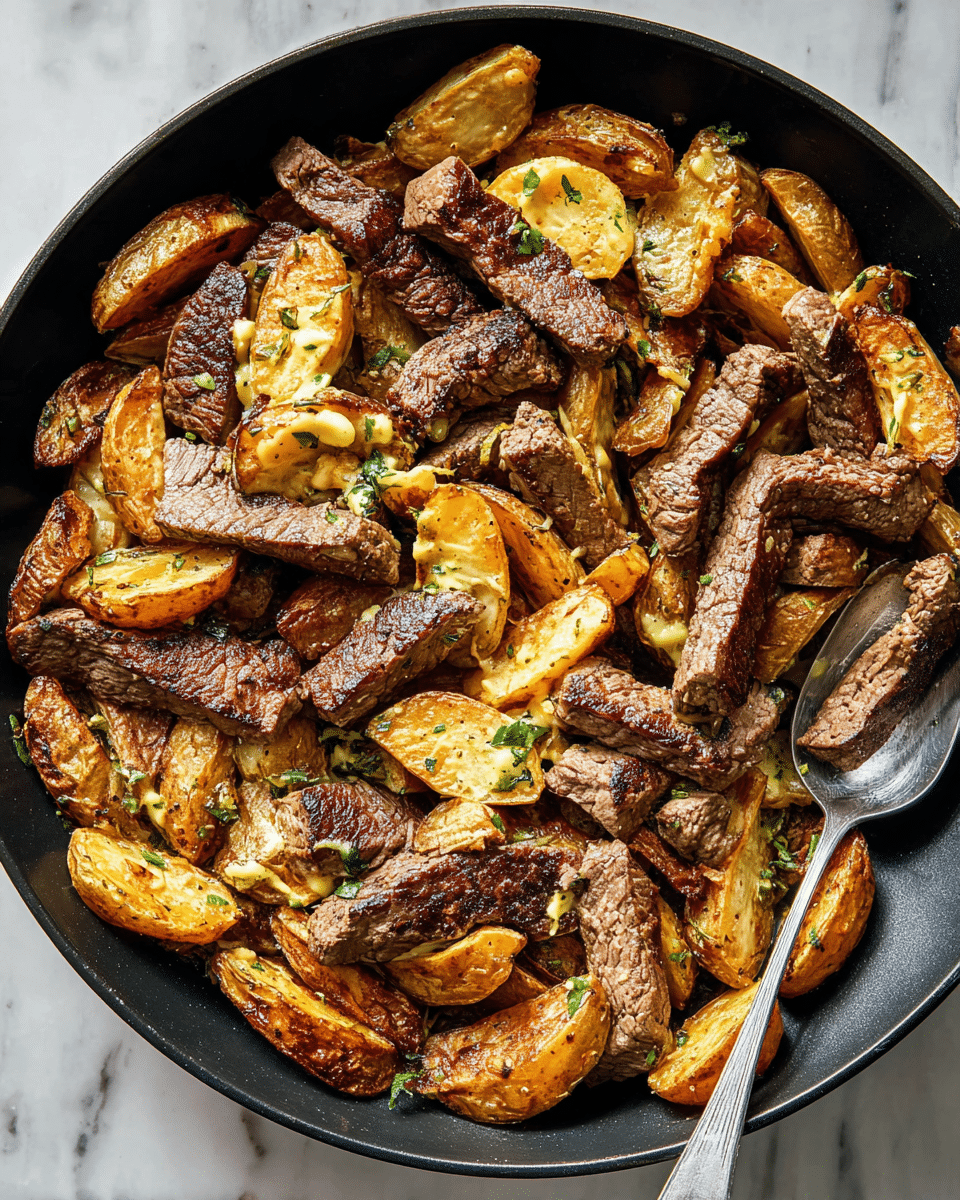 A black skillet filled with layers of food: at the bottom are golden-brown, crispy potato wedges with slightly rough textures and some charred edges. Scattered above and mixed with the potatoes are thick, medium-brown beef strips with a seared crust and juicy texture. There are small bits of creamy yellow garlic sauce spread unevenly across the steak and potatoes, adding a smooth contrast. Tiny green herb sprigs are sprinkled sparsely throughout, giving small touches of fresh color. A large silver spoon sits on the right side, partially sunk into the food. The whole skillet is placed on a white marbled surface. Photo taken with an iphone --ar 4:5 --v 7