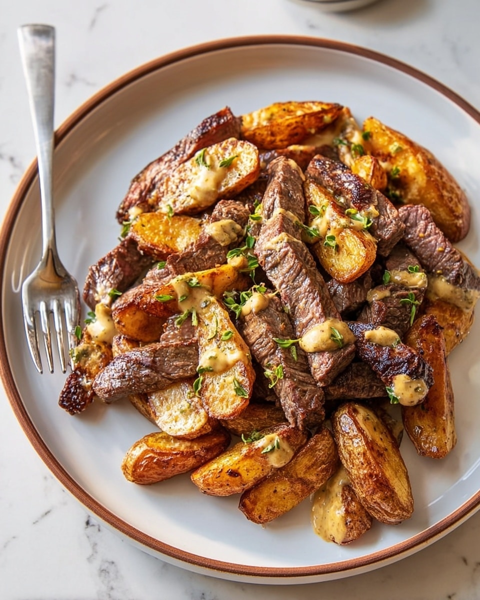 A round white plate with a brown rim holds a pile of cooked steak strips and roasted potato wedges. The steak pieces are medium to dark brown with some visible char marks, layered on top of and mixed with golden brown potato wedges that have crispy edges. Both steak and potatoes are drizzled with a light-colored mustard or creamy sauce and garnished with small sprigs of green herbs. A metal fork with some steak and potatoes is placed on the left side of the plate. The plate rests on a white marbled surface. Photo taken with an iphone --ar 4:5 --v 7