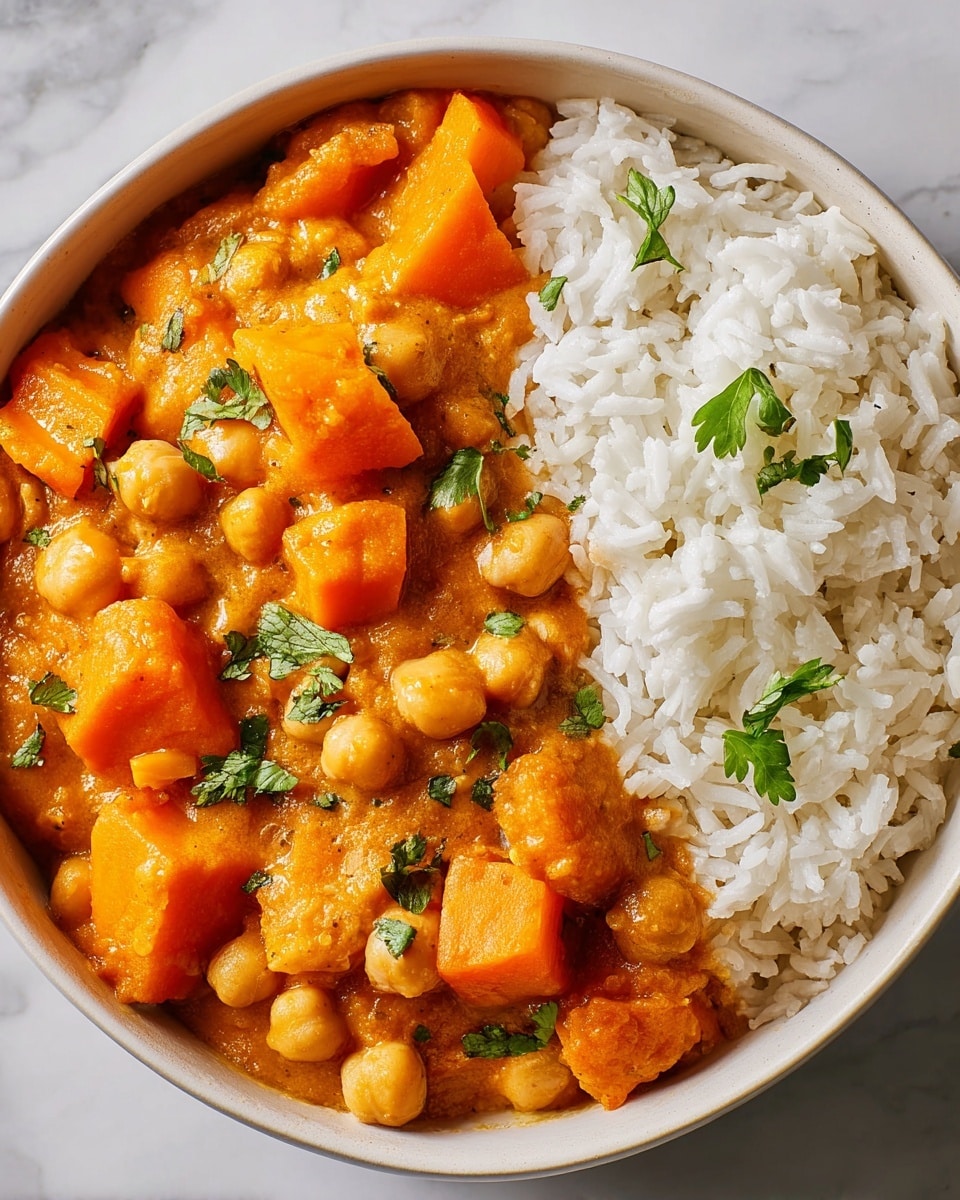 The image shows a close-up of a white bowl filled halfway with white cooked rice on the right side, fluffy and slightly sticky with a few small green herb leaves on top. The left side is filled with a thick orange curry containing large orange chunks of sweet potato or carrot and beige chickpeas, all coated in a creamy sauce with a textured mix of spices and small green herb leaves scattered over the curry. The bowl sits on a white marbled surface. photo taken with an iphone --ar 4:5 --v 7