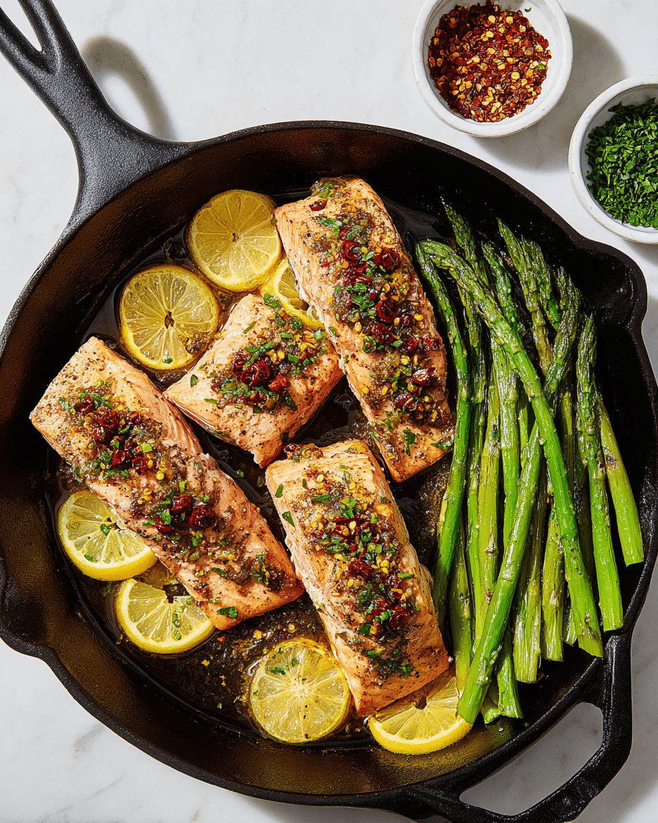 A black cast iron pan holds four grilled salmon fillets on the left, each fillet pink with a crispy brown crust, topped with red chili flakes and green herb pieces, resting on slices of bright yellow lemon. To the right side, a bunch of vibrant green asparagus spears lie on more lemon slices, showing a slight shine from cooking oil. The pan sits on a white marbled surface with two small white bowls nearby, one filled with red chili flakes and the other with chopped green herbs. Photo taken with an iphone --ar 4:5 --v 7