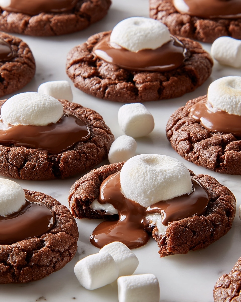 There are multiple round chocolate cookies with rough, cracked textures placed close together on a white marbled surface. Each cookie has one large, fluffy white marshmallow dome sitting in the center, slightly melted and soft. Smooth, shiny milk chocolate is poured over the top of each marshmallow, creating a glossy layer that spreads unevenly over the white marshmallow and drips slightly on some cookies. One cookie is broken in half, revealing the gooey chocolate and soft marshmallow inside. Scattered around the cookies are a few small, white mini marshmallows. Photo taken with an iphone --ar 4:5 --v 7