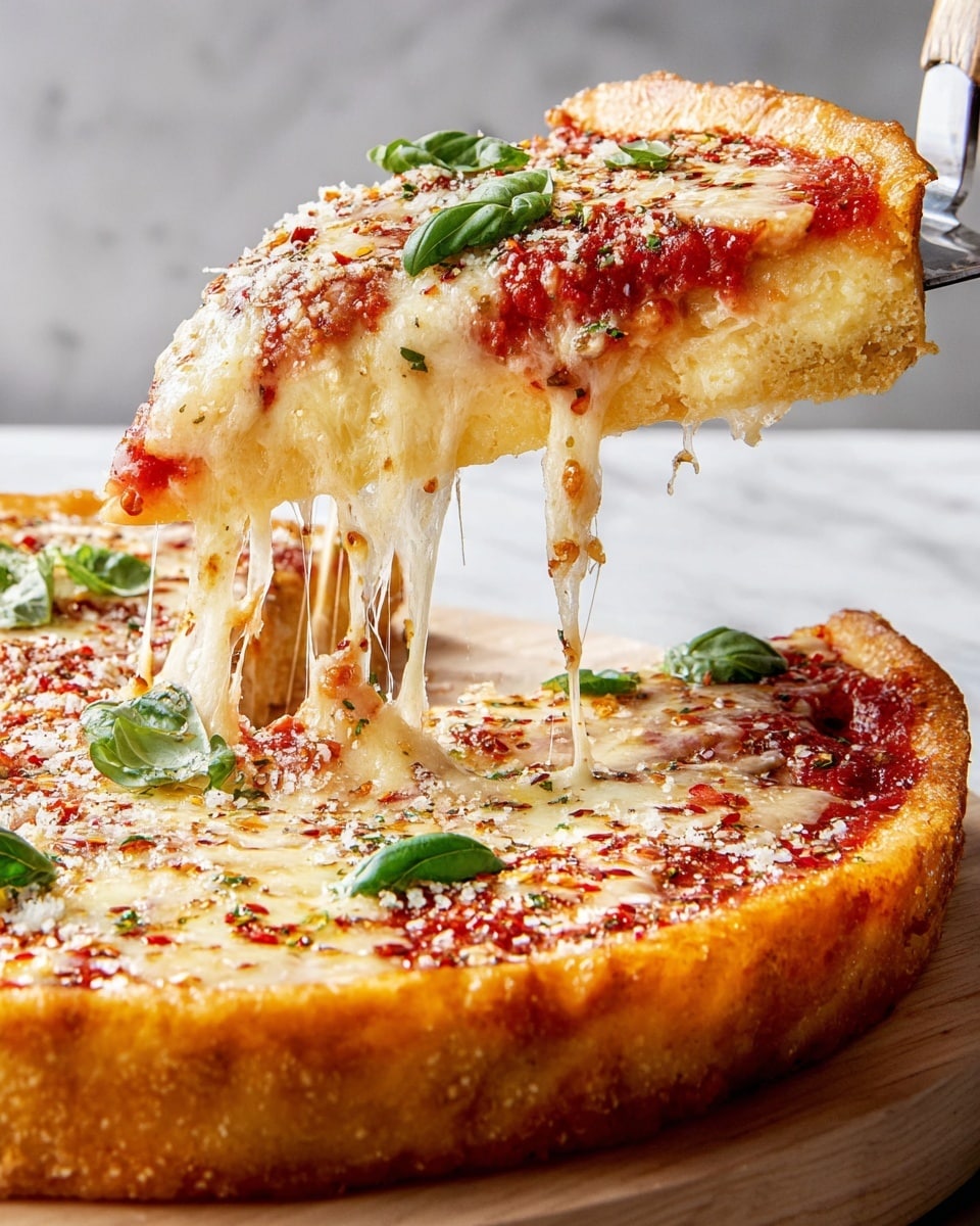 A slice of pizza being lifted from the whole pizza shows three main layers: a golden brown, slightly crispy crust at the bottom, a bright red tomato sauce layer in the middle peeking out at the edge, and a thick, melted mozzarella cheese layer on top that stretches in long gooey strings as the slice is lifted. The cheese is sprinkled with crushed red pepper flakes and small bits of grated cheese, while fresh green basil leaves are scattered on top and around the pizza. The pizza is on a light wooden board with a clean white marbled background, and a metal spatula holds the raised slice. Photo taken with an iphone --ar 4:5 --v 7