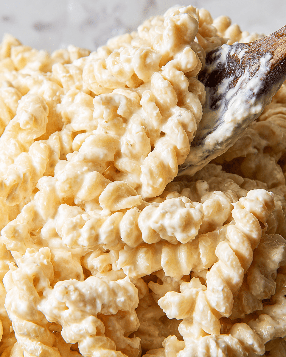 The image shows a close-up of creamy pasta with an off-white cheese sauce coating each piece evenly, making the pasta appear soft and smooth with a slight glossy texture. The pasta is spiral-shaped, tightly wound, and piled thickly to create visible layers of noodles blended with the thick sauce. A wooden spoon covered partly with the same creamy sauce lifts some pasta from the heap, adding a touch of dark brown and rustic texture against the pale curls of pasta. The background features a white marbled surface barely visible under the dense pasta mound. photo taken with an iphone --ar 4:5 --v 7