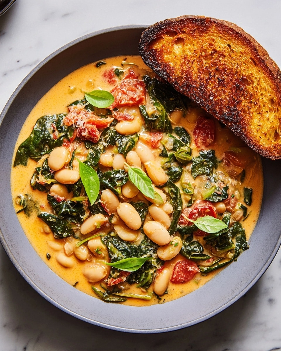 A gray bowl holds a creamy dish with three main layers: the base is a rich, light orange sauce, covered by large white beans scattered evenly, mixed with dark green leafy vegetables and small pieces of red tomato. Fresh green basil leaves are lightly placed on top for decoration. On the side, resting on the edge of the bowl, is a thick slice of golden brown toasted bread with a crisp texture. The bowl sits on a white marbled textured surface. Photo taken with an iphone --ar 4:5 --v 7