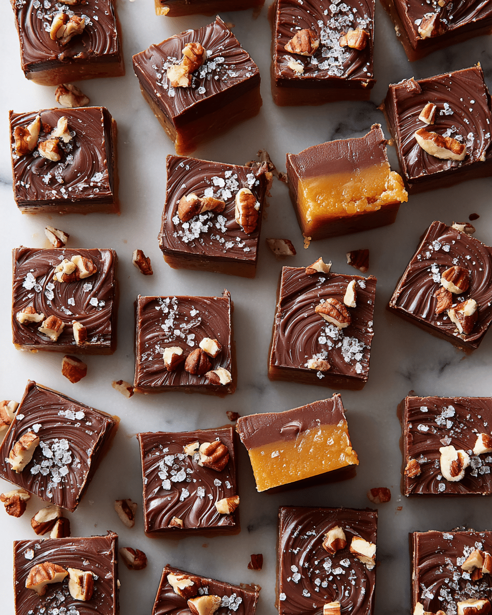 A grid of small square chocolate caramel treats is shown from above, each piece having three distinct layers: a smooth, shiny dark brown chocolate top with a swirl texture, sprinkled with coarse white salt crystals and chopped light brown pecans, a middle golden caramel layer visible on some bitten pieces showing rich, soft texture, and a firm base layer beneath. The treats are neatly arranged on a white marbled surface, with a few pieces turned to show their side layers. The overall look is tidy with a mix of glossy chocolate, crunchy nuts, and soft caramel, creating a rich and textured visual. Photo taken with an iphone --ar 4:5 --v 7