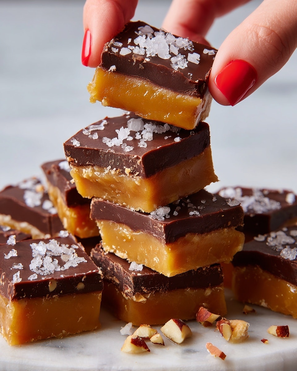 A stack of square caramel and chocolate candy pieces is shown on a white marbled surface, with three layers visible in each piece. The bottom layer is thick and golden caramel with a smooth, slightly glossy texture. The middle layer is thin and dark chocolate, crisp and slightly uneven on top. The top layer is sprinkled with large grains of sea salt, adding texture and contrast against the dark chocolate. There are some chopped nuts scattered around the stack, adding a rough texture. A woman's hand with red nail polish is lifting one piece from the top of the stack, giving a sense of scale. photo taken with an iphone --ar 4:5 --v 7