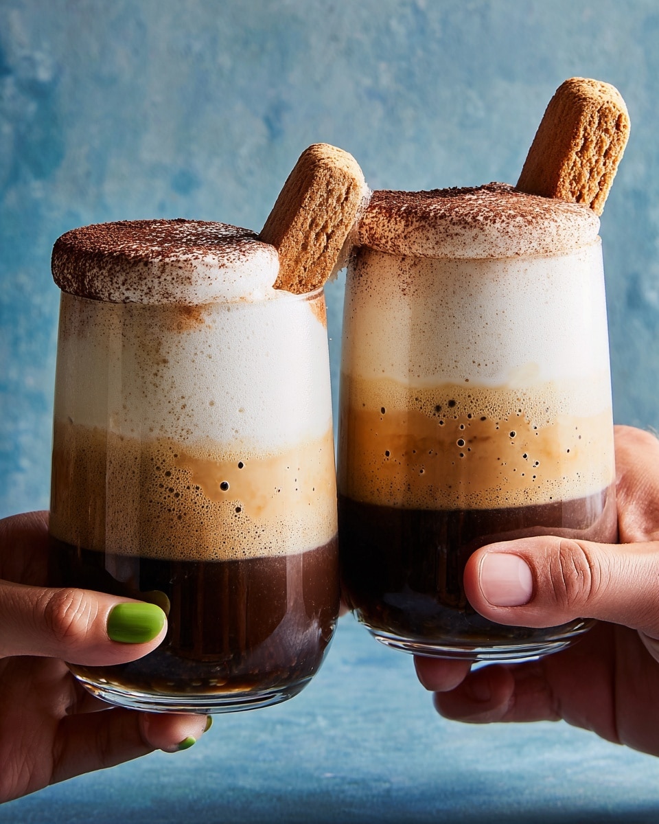Two clear glasses each show three layers of a drink: a dark brown bottom layer, a light brown middle layer with small bubbles, and a thick white foam layer on top that spills over the rim. The foam is dusted with cocoa powder and a ladyfinger biscuit is placed vertically into the foam on each glass. One glass is held by a woman's hand with green painted nails, and the other by a man's hand. The background is a simple textured blue. photo taken with an iphone --ar 4:5 --v 7