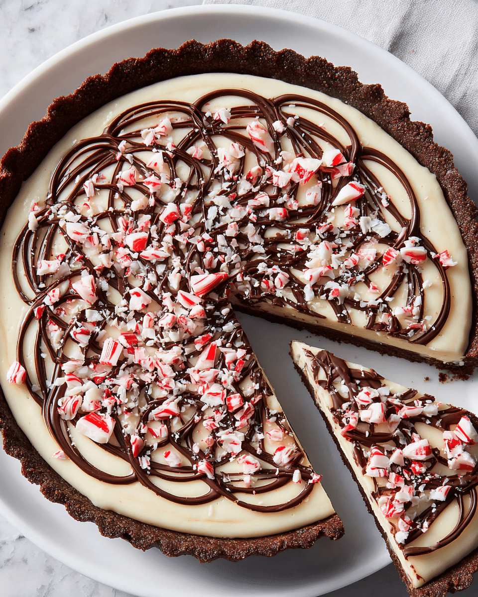 A round tart with a thick dark brown crust forming the base layer, topped by a creamy white layer evenly spread inside the crust. On top, an intricate pattern of dark chocolate swirls covers the white cream layer, with small pieces of crushed red and white peppermint candies scattered over it all. One slice has been cut and slightly pulled out from the tart, revealing the crust and the smooth layers. The tart sits on a white plate placed on a white marbled surface. photo taken with an iphone --ar 4:5 --v 7