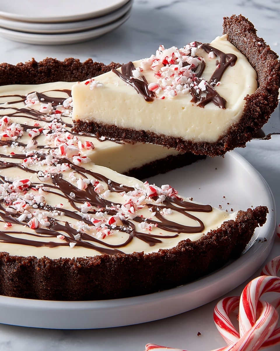 A pie with three visible layers: the bottom layer is a thick, dark brown crust with a rough, crumbly texture and high edges; the middle layer is a creamy white filling that covers the crust fully; the top layer is decorated with thin swirls of dark chocolate sauce spread across the white filling, and sprinkled with small, red and white crushed candy pieces. A slice is lifted above the pie, clearly showing these layers in a cross-section. The pie is placed on a white plate on a white marbled surface, with some whole candy canes nearby. photo taken with an iphone --ar 4:5 --v 7