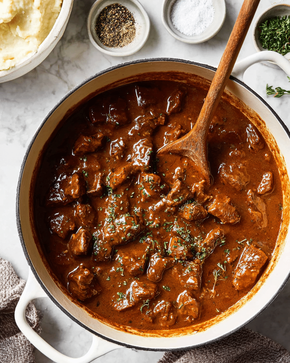 A white bowl holds a dish with two main layers: the bottom layer is creamy mashed potatoes, smooth and white with slight texture, spreading evenly across the bowl. On top is a thick brown gravy with visible herbs sprinkled over it, covering many cubes of browned beef that have a tender, slightly glossy look. The beef pieces are irregular in size but mostly small and chunky, sitting in and slightly submerged by the rich sauce. A gold fork rests on the edge of the bowl, partially touching the mashed potatoes and gravy. The background is a white marbled texture. Photo taken with an iphone --ar 4:5 --v 7