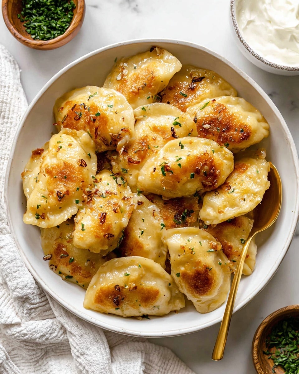 A white bowl filled with about fourteen golden brown pierogies arranged close together, each pierogi showing a slightly browned, crispy texture on the surface with hints of scattered green herbs and small caramelized onion pieces on top. The pierogies have a soft, doughy look with some uneven edges, piled so that some overlap others, and a gold spoon is resting inside the bowl on the right side. The bowl sits on a white marbled surface with a white cloth draped near the left edge, plus a small white bowl with creamy white sour cream in the top right corner, and a small wooden bowl with green chopped herbs near the top left. photo taken with an iphone --ar 4:5 --v 7