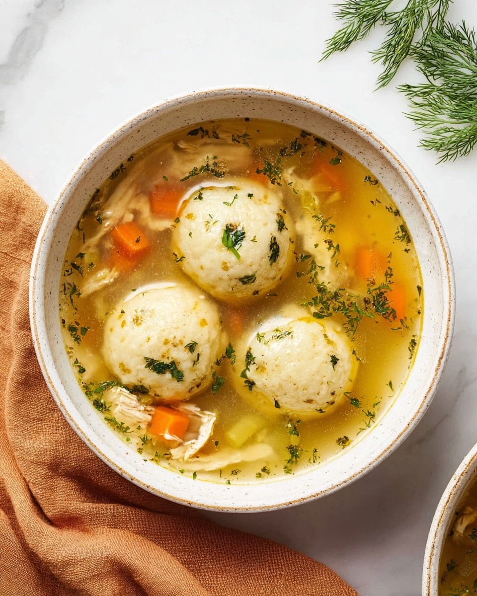 A white speckled bowl filled with clear golden broth holds three round, light yellow dumplings with herbs visible inside; one dumpling is cut open showing a soft, fluffy texture. The soup includes pieces of shredded pale chicken, small bright orange carrot cubes, and green dill sprigs floating around. A spoon with a silver head and wooden handle rests inside the bowl. The bowl sits on a white marbled surface with an orange cloth napkin crumpled nearby. Photo taken with an iphone --ar 4:5 --v 7