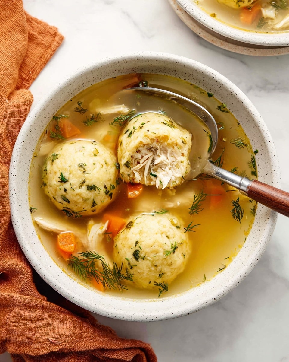 A white speckled bowl filled with clear golden broth soup contains three round, pale dumplings with a soft texture and small herb flecks on top. Inside the broth are small orange carrot cubes, shredded light brown chicken pieces, and green dill sprigs scattered around. The bowl sits on a white marbled surface with a folded orange cloth napkin nearby and a few dill sprigs beside the bowl. Photo taken with an iphone --ar 4:5 --v 7