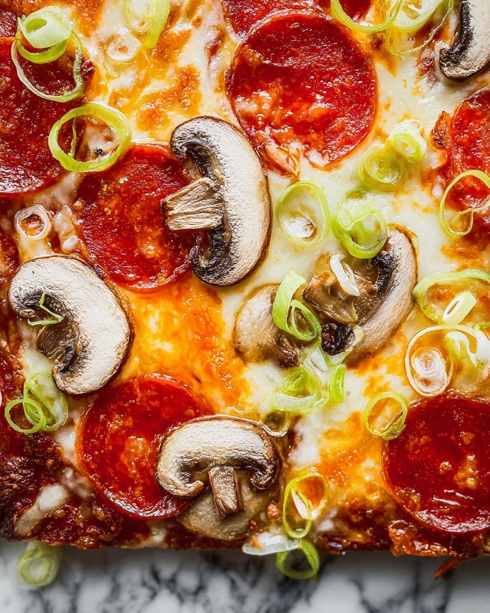 A close-up of a pizza showing three main layers: the bottom golden-brown crust barely visible under melted cheese that is white with orange oil spots, topped with a bright red tomato sauce peeking through; on the top, there are round slices of glossy, deep red pepperoni, complemented by fresh, light beige mushroom slices with brown gills, scattered across the pizza with thin rings of pale green and white leek pieces spread evenly. The pizza is shown on a white marbled surface. photo taken with an iphone --ar 4:5 --v 7