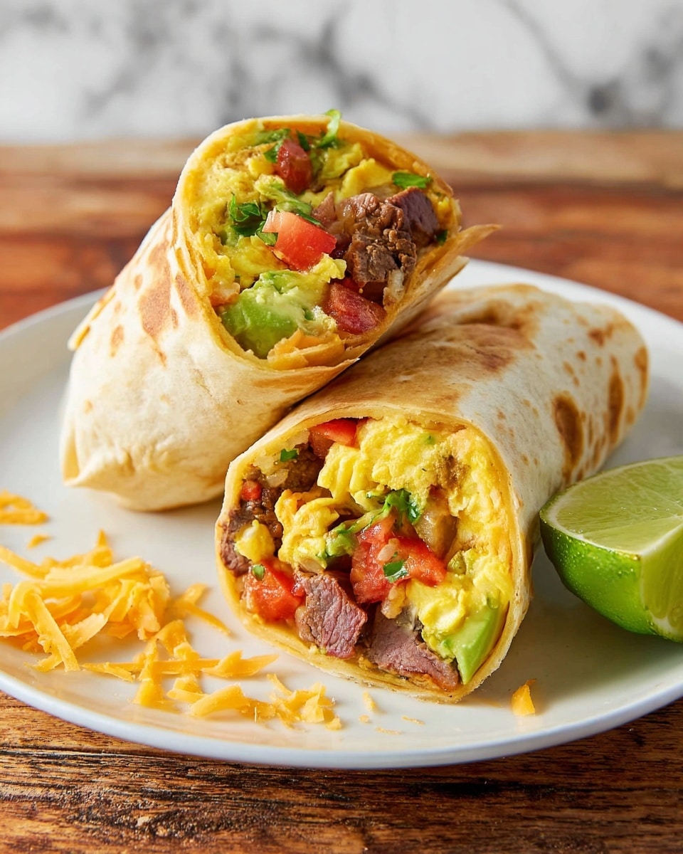 Two breakfast burritos cut in half and placed on a white plate with one cut side facing forward and the other tilted upright. Each burrito has a soft, lightly browned tortilla wrapped around layers of ingredients including chunky brown pieces of steak, scrambled yellow eggs, red tomato chunks, green avocado slices, and a bit of shredded cheddar cheese inside. A lime wedge rests on the plate near the burritos, with a few small cheese shreds scattered nearby. The plate is set on a wooden surface with a white marbled texture background. photo taken with an iphone --ar 4:5 --v 7