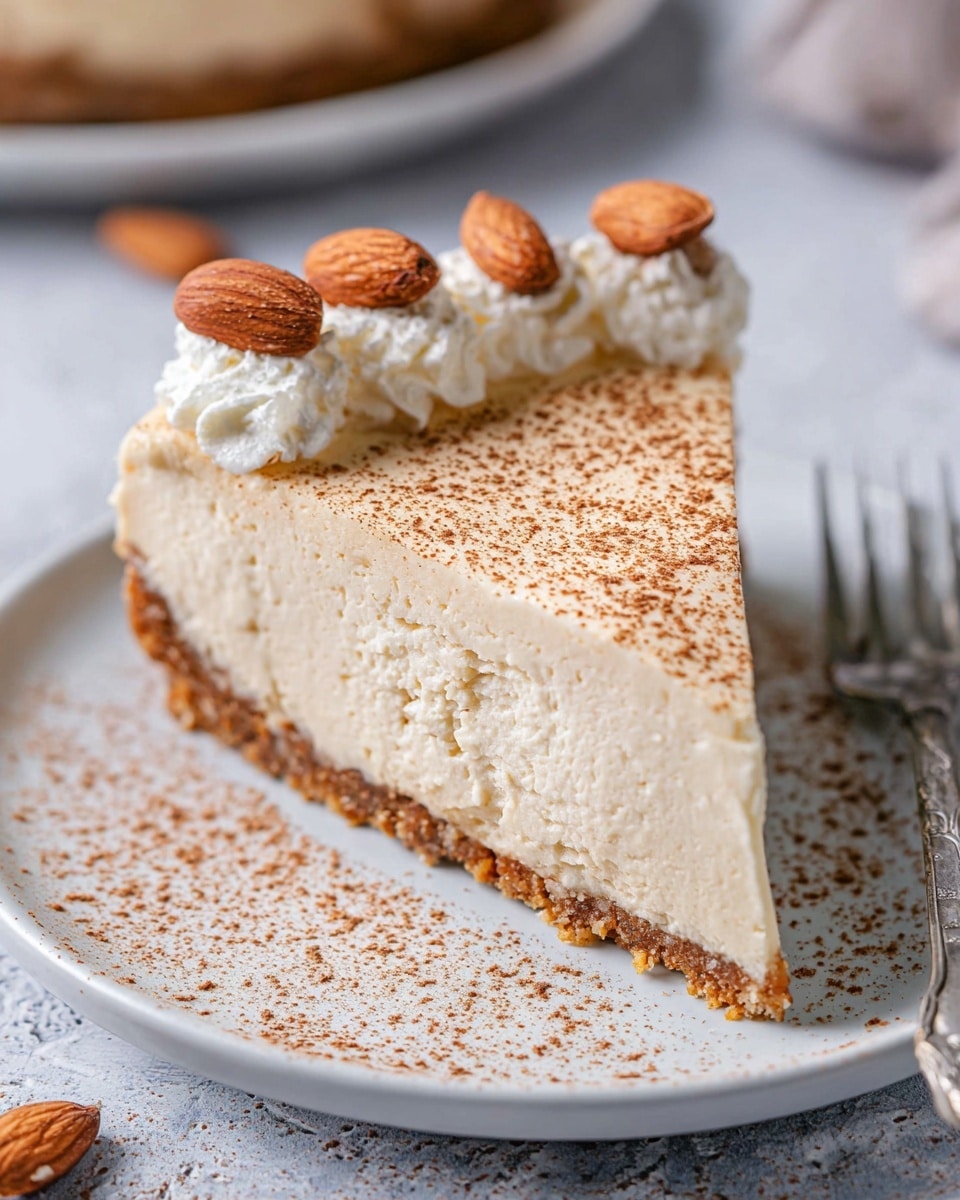 A slice of creamy cheesecake with two main layers is shown on a white plate with a white marbled texture background. The bottom layer is a thin, crumbly brown crust. The thick top layer is smooth and creamy, light beige in color, dusted finely with brown powder. Along the top edge of the slice is a line of white whipped cream, with whole almonds placed evenly on it. There are some scattered brown powder specks on the plate and background. A metal fork is blurred in the background. photo taken with an iphone --ar 4:5 --v 7
