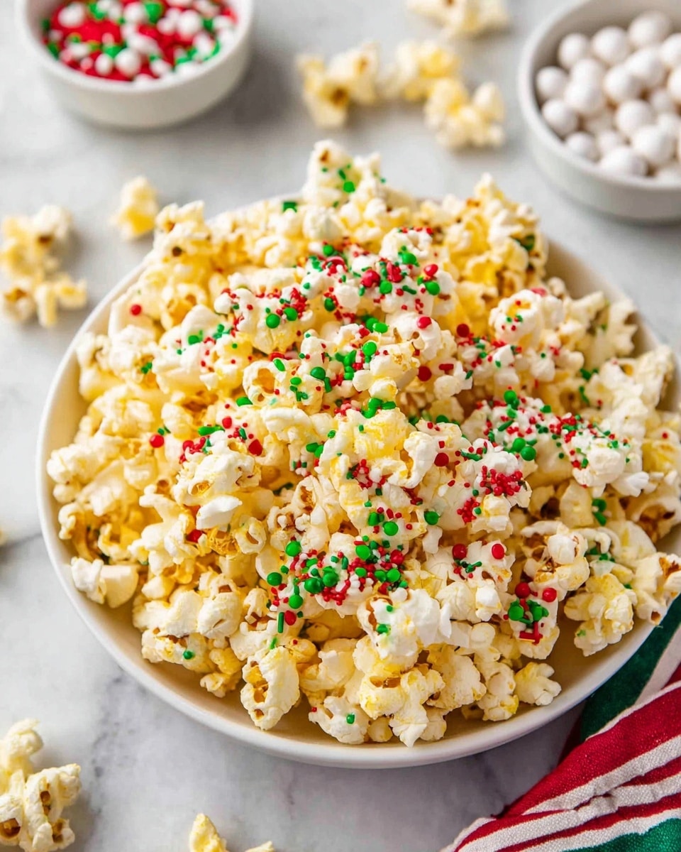 A large white bowl full of popcorn with a mix of white and yellow popped kernels, topped with small red and green candy sprinkles scattered evenly over the surface, creating a festive look. Around the bowl, some popcorn pieces are spread on the white marbled surface, also sprinkled with the red and green candy bits. In the background, two small white bowls are slightly out of focus, one filled with more red and green sprinkles and the other with white candies. A folded cloth with red, green, and white stripes rests partially visible at the bottom right corner. photo taken with an iphone --ar 4:5 --v 7