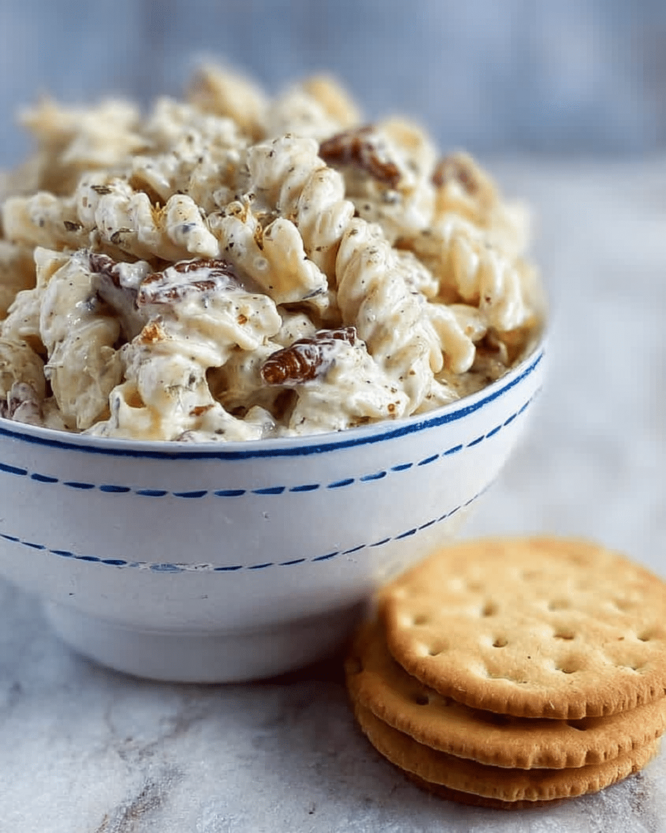 A close-up image of a white bowl with a blue stitched line near the rim, filled to the top with a creamy pasta salad made of macaroni noodles coated in a thick, white dressing with visible herbs and a few pecans mixed in. In front of the bowl, there are three light brown round crackers stacked slightly overlapping each other, resting on a white marbled surface. The texture of the pasta salad looks creamy and chunky, with the pecans adding a rough element to the smooth pasta. photo taken with an iphone --ar 4:5 --v 7