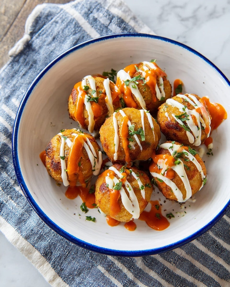 A white bowl with a blue rim holds nine round, golden-brown fried balls. Each ball is topped with two sauces: one creamy white sauce and one reddish-orange sauce, both drizzled in lines across the balls. Small bits of green herbs are scattered on top and around the balls for color contrast. The bowl sits next to a folded blue and white striped cloth on a white marbled surface. Photo taken with an iphone --ar 4:5 --v 7