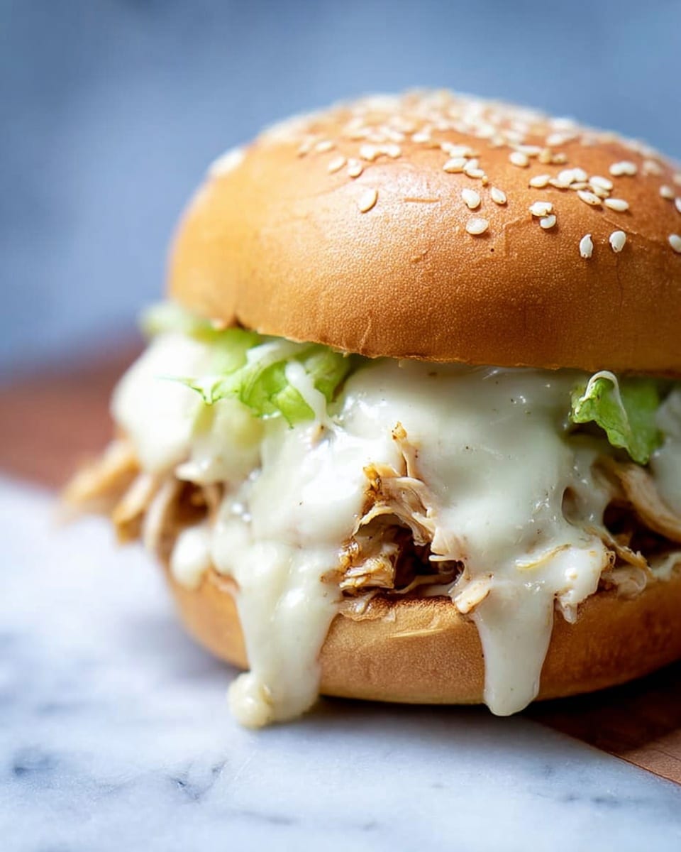 A close-up of a sandwich consisting of a soft sesame seed bun on top with the top half slightly tilted, showing melted white cheese dripping over a middle layer of shredded light brown chicken, and a hint of green lettuce peeking out from under the cheese. The sandwich is placed on a white marbled surface with a blurred light blue background. photo taken with an iphone --ar 4:5 --v 7