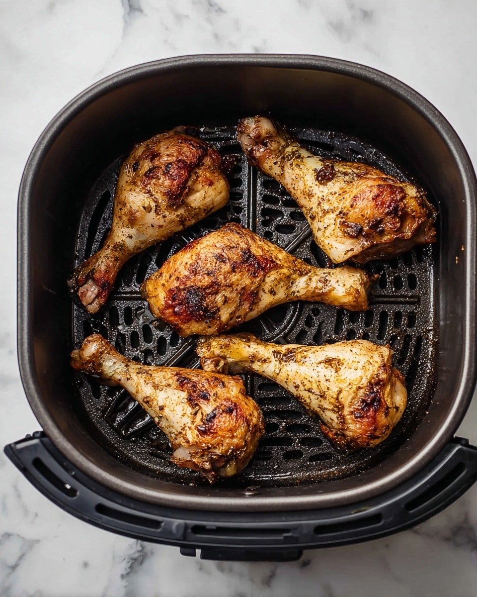 Five cooked chicken drumsticks with a golden brown, slightly crispy skin are arranged inside a dark air fryer basket, spaced apart to show the textured grid pattern below. The drumsticks have visible seasoning and a juicy look with some charred spots. The air fryer sits on a white marbled surface that adds contrast to the warm tones of the chicken. photo taken with an iphone --ar 4:5 --v 7