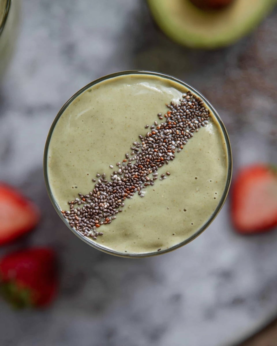 A close-up view of a glass filled with a smooth, pale green smoothie that has a thick, creamy texture. On top, a neat line of small, dark chia seeds runs diagonally across the surface, adding a grainy texture and contrast in color. The glass sits on a white marbled surface with parts of an avocado and a red strawberry visible nearby, adding natural tones to the scene. The background is softly blurred to keep the focus on the smoothie. photo taken with an iphone --ar 4:5 --v 7