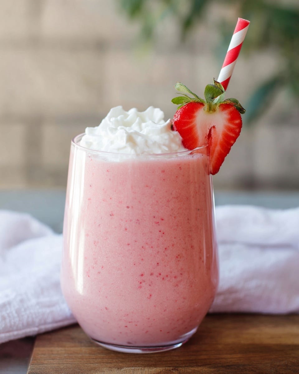 A close-up image of a pink strawberry smoothie served in a clear glass. The smoothie fills most of the glass with a smooth, slightly thick texture and tiny strawberry specks visible throughout. On top of the smoothie is a layer of white whipped cream, soft and fluffy, that almost reaches the rim of the glass. A fresh half slice of strawberry with a bright red and white gradient and green leaves is placed on the whipped cream. A red and white striped paper straw is inserted from the back, standing vertically. The glass sits on a wooden surface covered partly with a white cloth, with a background of a white marbled texture. photo taken with an iphone --ar 4:5 --v 7