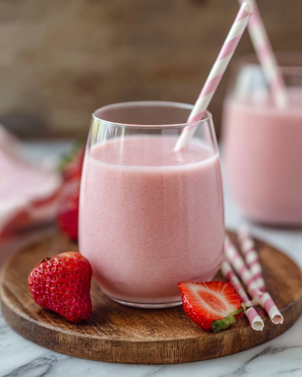 A clear glass filled almost to the top with a smooth, light pink strawberry smoothie sits centered on a round wooden board. Inside the smoothie is a white and pink striped straw standing upright. In front of the glass, a fresh red strawberry cut in half rests on two more pink striped straws, all placed on the wooden board. Another glass of the same smoothie with a similar straw is blurred in the background. The whole scene is set on a white marbled surface. photo taken with an iphone --ar 4:5 --v 7