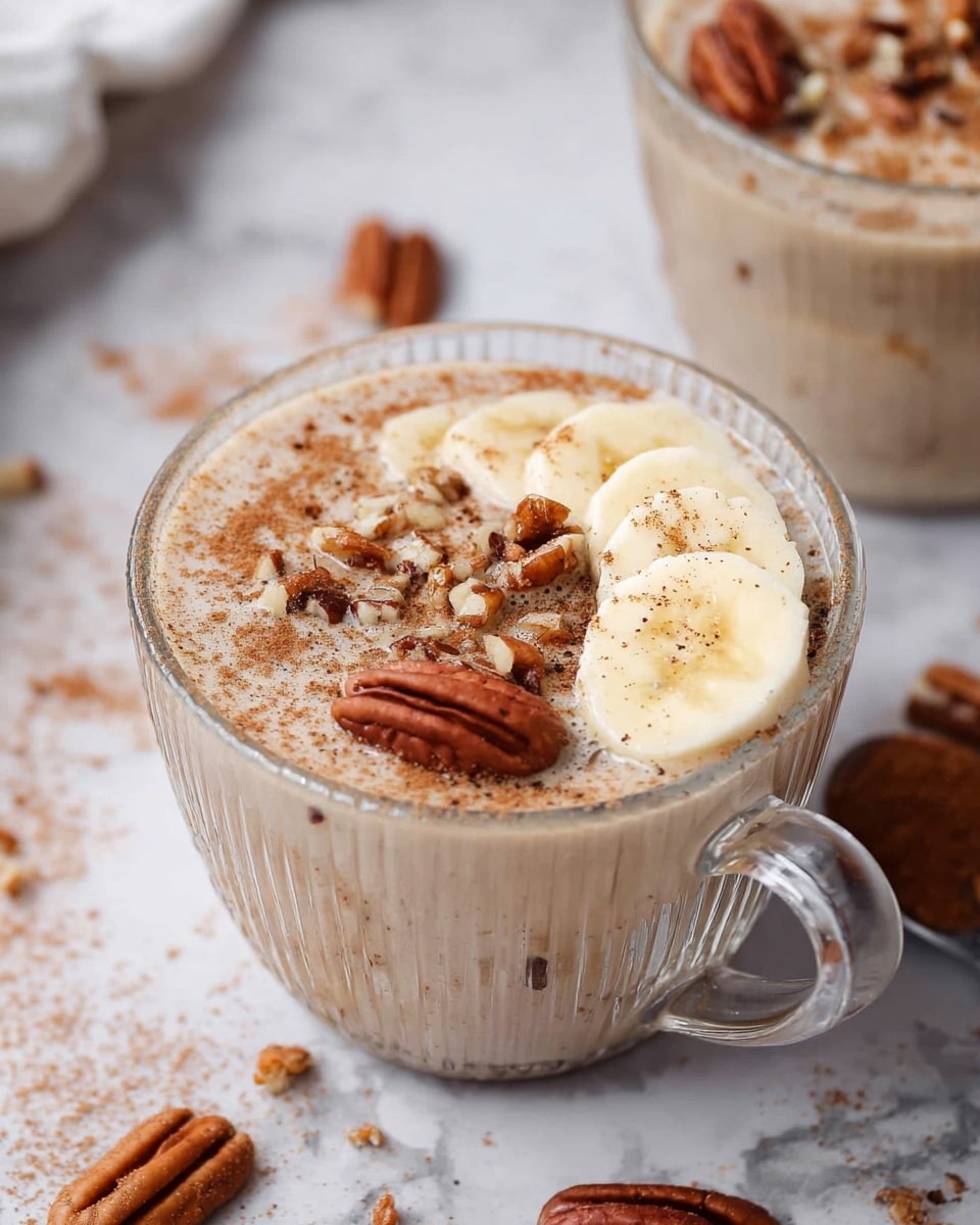 A clear glass cup filled with a light brown creamy drink topped with a layer of three banana slices arranged near one side and chopped pecans scattered across the surface. There is a light dusting of cinnamon powder over the drink and some pecan pieces around the cup on a white marbled surface. The cup has a round, ridged texture and a handle on the right side. Another similar cup is partially visible in the blurred background. Photo taken with an iphone --ar 4:5 --v 7