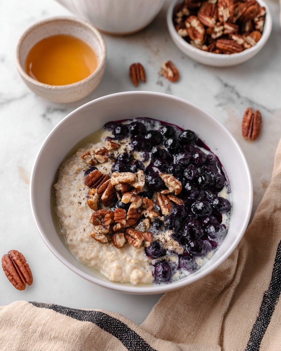 A white bowl contains two main layers of food: on the left side, creamy oatmeal with a beige color and soft texture, and on the right side, a topping of dark purple blueberries covered in a light layer of cream, mixed with chopped brown pecans scattered on top. Around the bowl, there is a small white bowl with golden honey and another white bowl with whole pecans, all placed on a white marbled surface. A beige and black striped cloth is partially visible at the bottom. Photo taken with an iphone --ar 4:5 --v 7