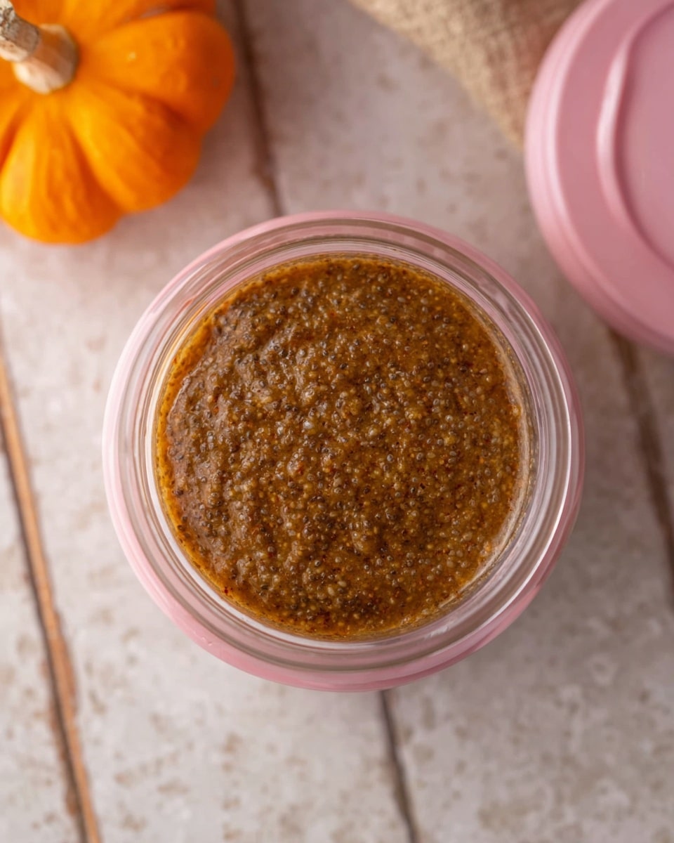 A close-up top view of a round clear container filled with a single layer of thick, brown pudding with visible black chia seeds throughout, giving it a textured look; the container has a pink rim and is placed on a white marbled textured surface that looks like a worn white wooden board. A small orange pumpkin is partially visible on the upper left side and a pink lid lies above the container. photo taken with an iphone --ar 4:5 --v 7