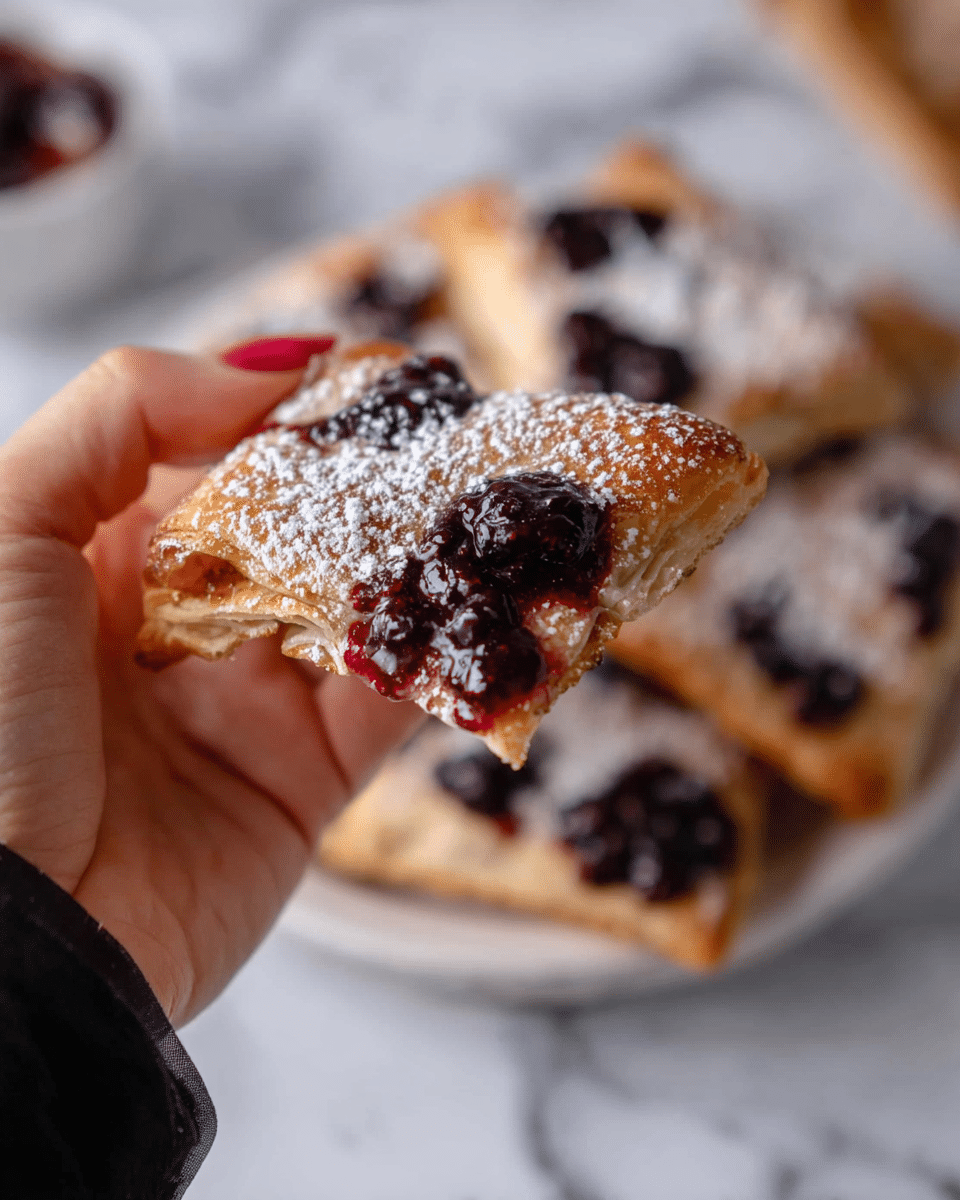 A piece of golden-brown pastry is held by a woman's hand wearing a dark sleeve, topped with dark purple, glossy berry jam and sprinkled with white powdered sugar. The pastry has a light, flaky texture with some parts showing a slightly crispy edge. In the blurred background, several more pieces of the same pastry are arranged on a white plate, placed on a white marbled surface. The overall look is warm and inviting, with the vibrant dark berries contrasting with the soft, golden dough and white sugar. Photo taken with an iphone --ar 4:5 --v 7