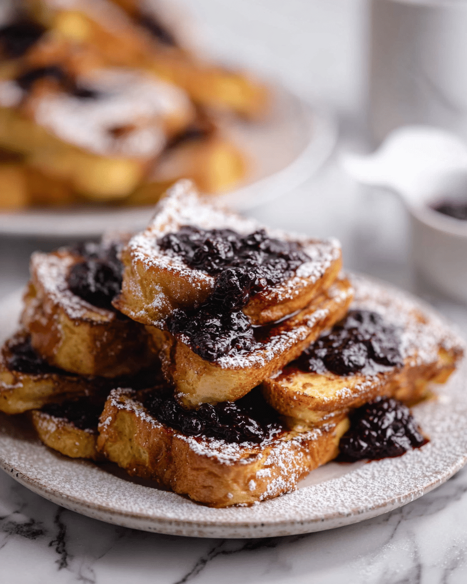 The image shows a pile of golden brown French toast pieces stacked on a white plate with a slightly rough texture. Each piece has a crispy outer layer with soft inside edges. On top of the toast, there is a dark, thick blackberry compote spread unevenly, adding deep purple and black colors with a glossy, chunky texture. The toast is lightly dusted with powdered sugar, creating a fine white layer that contrasts with the dark fruit and golden toast. In the blurred background, a white plate with more toast dusted with powdered sugar can be seen on a white marbled surface, and a woman's hand holds a white spatula with some toast crumbs. photo taken with an iphone --ar 4:5 --v 7