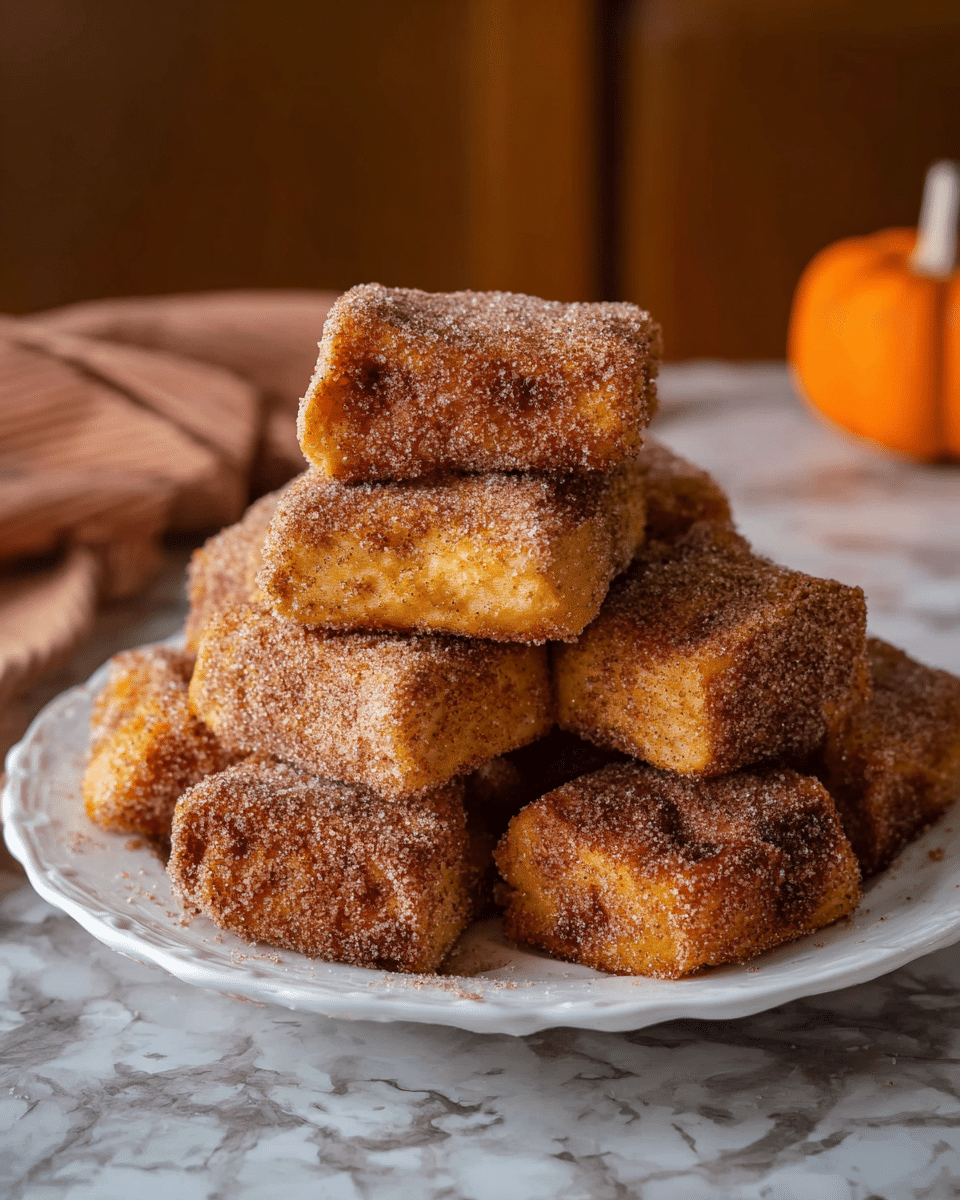 The image shows a white scalloped plate piled high with eight square pieces of fried dough. Each piece is golden brown with a rough texture and is coated thickly in cinnamon sugar, giving them a grainy, sparkly look. The pieces are stacked in a pyramid shape, with some facing sideways showing their crunchy edges and others sitting flat, revealing their soft inside. The plate rests on a white marbled textured surface, and the background is softly blurred with warm tones and a small orange pumpkin visible on the side, adding a cozy autumn feel. photo taken with an iphone --ar 4:5 --v 7