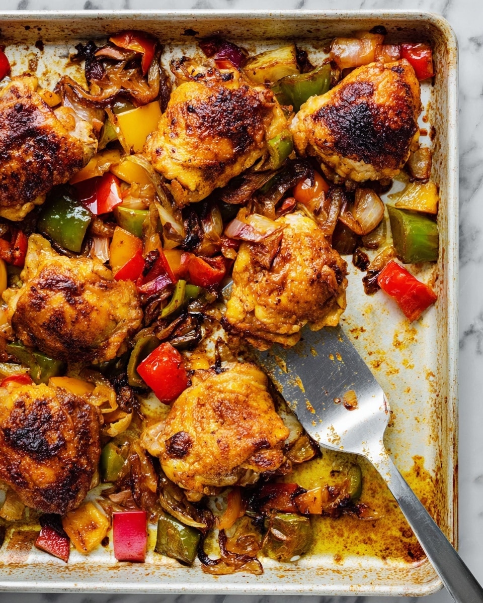 A white baking tray filled with six golden-brown baked chicken thighs, each showing crispy skin with dark browned spots. Scattered around the chicken are roasted vegetables, including roughly chopped pieces of red, green, and yellow bell peppers, and chunks of caramelized onions, all showing charred edges and a soft texture. A metal spatula lifting one chicken thigh reveals its underside, which is browned and juicy. The tray has oily, roasted marks and bits of caramelized vegetables spread unevenly, giving a rustic look. The whole scene is set against a white marbled surface. photo taken with an iphone --ar 4:5 --v 7