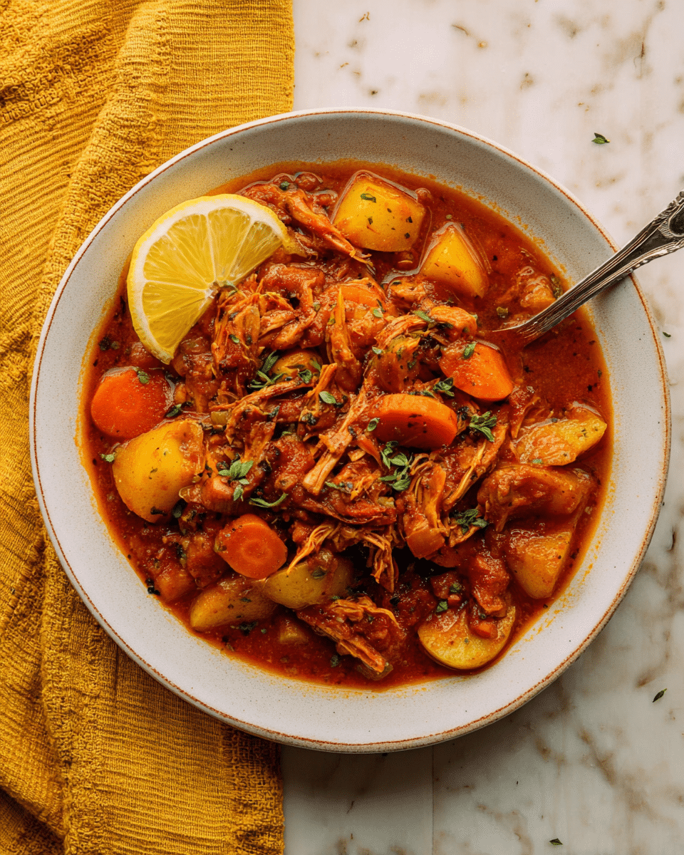 A deep white bowl filled with a chunky stew featuring thick pieces of shredded brown meat, orange carrot slices, and golden potato chunks all coated in a rich, reddish-brown sauce. A bright yellow lemon wedge sits on the edge of the bowl, and small green herb sprigs are scattered on top, adding a fresh touch. A metallic spoon rests inside the bowl slightly dipping into the stew. Next to the bowl is a folded mustard yellow cloth on a white marbled surface. photo taken with an iphone --ar 4:5 --v 7