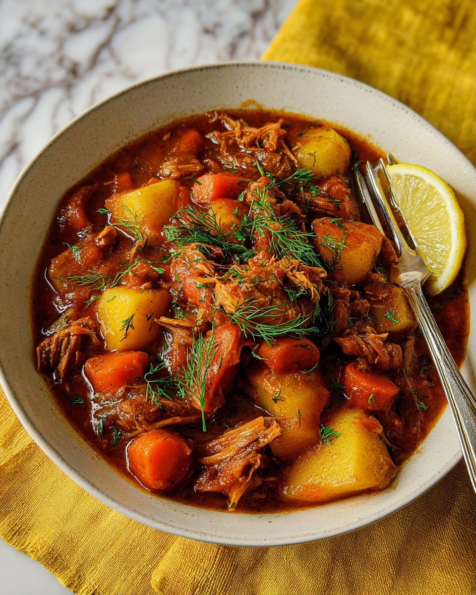 A deep white bowl filled with a rich brown stew showing multiple layers: chunks of tender meat, orange carrot pieces, and light yellow potato cubes, all coated in thick sauce with a glossy texture. Sprigs of fresh green dill are scattered on top, adding bright touches of color, and a lemon wedge sits near the front edge of the bowl. A silver fork rests on the bowl's rim. The bowl is set on a white marbled surface with a yellow cloth beneath it. Photo taken with an iphone --ar 4:5 --v 7
