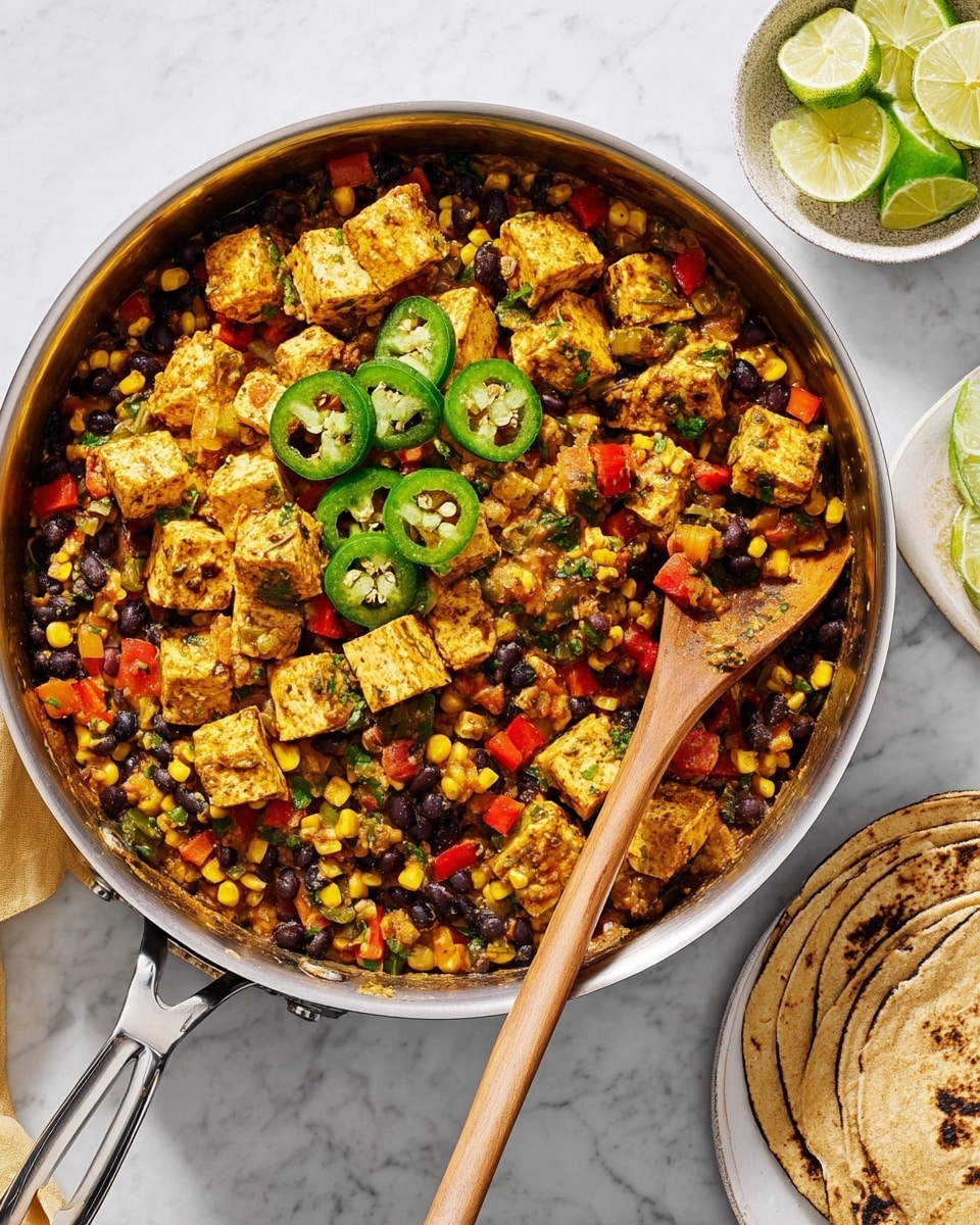 A large silver pan filled with a colorful mix of food resting on a white marbled surface. The dish has three main layers: the bottom layer is made of small black beans scattered throughout, the middle layer consists of bright yellow corn kernels mixed with small red bell pepper pieces, and the top layer includes larger chunks of golden-brown cooked tofu seasoned with herbs and spices. Thinly sliced green jalapeño rings are spread on top, adding a fresh green color. A wooden spoon lies on the right side inside the pan. To the right, a white plate holds lightly charred tortillas stacked on each other, and a small white bowl contains lime wedges. photo taken with an iphone --ar 4:5 --v 7