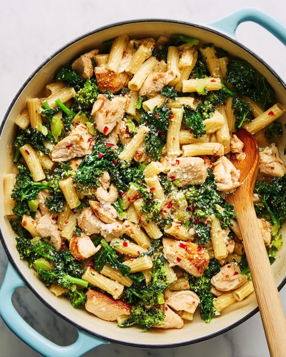 A close-up view of a light blue cooking pot filled with three main layers: creamy yellow pasta shaped like small ridged tubes, tender chunks of browned chicken scattered evenly, and bright green sautéed kale and broccoli pieces mixed throughout. Small bits of red chili flakes and light sprinklings of grated cheese are spread on top, adding texture and color contrast. A wooden spoon rests inside the pot on the right side, blending with the ingredients. The pot is set on a white marbled surface. photo taken with an iphone --ar 4:5 --v 7