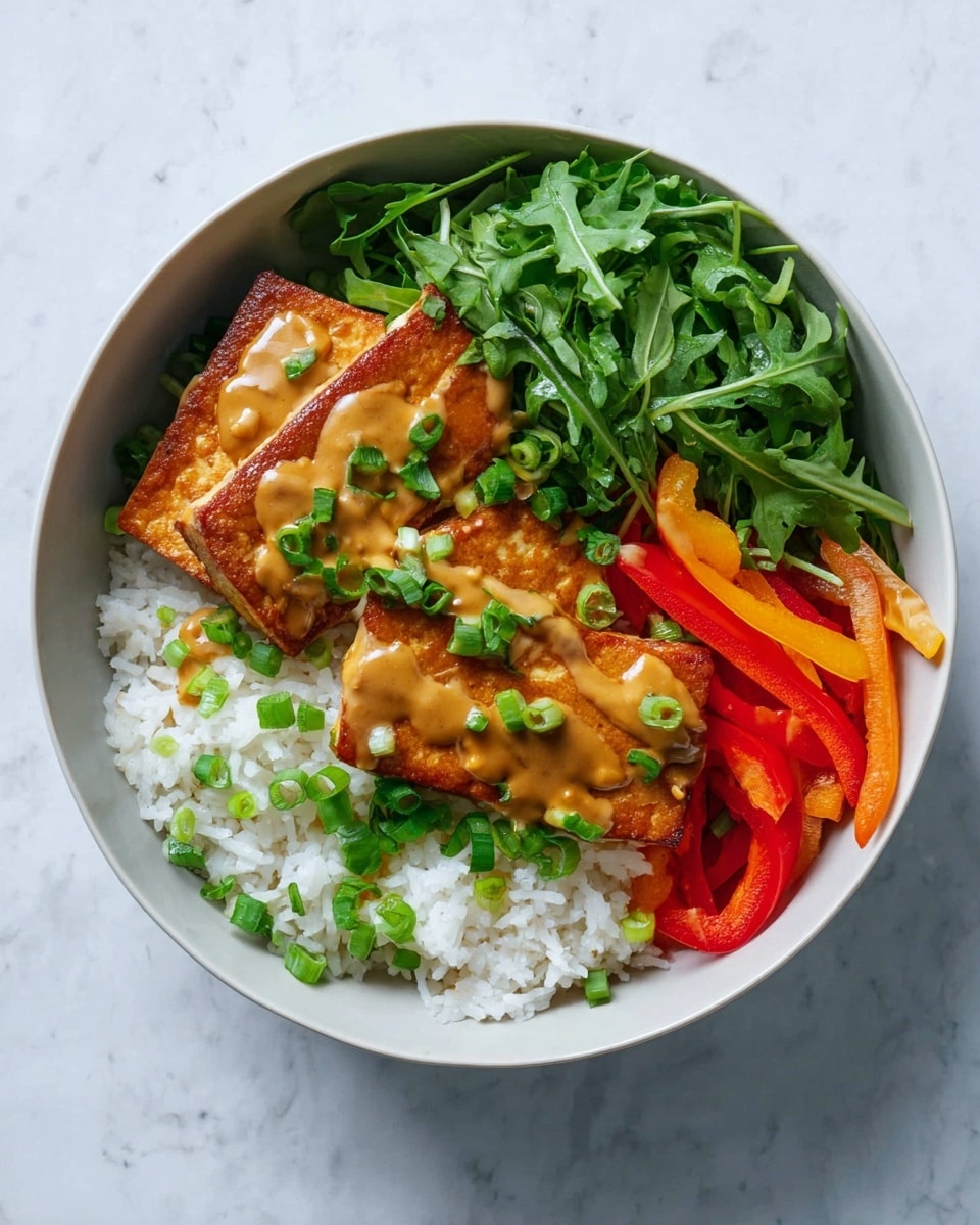 A white bowl holds a layered dish starting with a base of white rice scattered with chopped green onions at the bottom right; to the left of the rice is a pile of fresh, bright green arugula leaves. On top of the rice lies two rectangular golden-brown tofu pieces drizzled with a creamy, light brown sauce and sprinkled with more green onion slices. Adjacent to the tofu and rice are thin strips of red and orange bell peppers, adding a touch of vibrant color. The bowl is placed on a white marbled surface. photo taken with an iphone --ar 4:5 --v 7