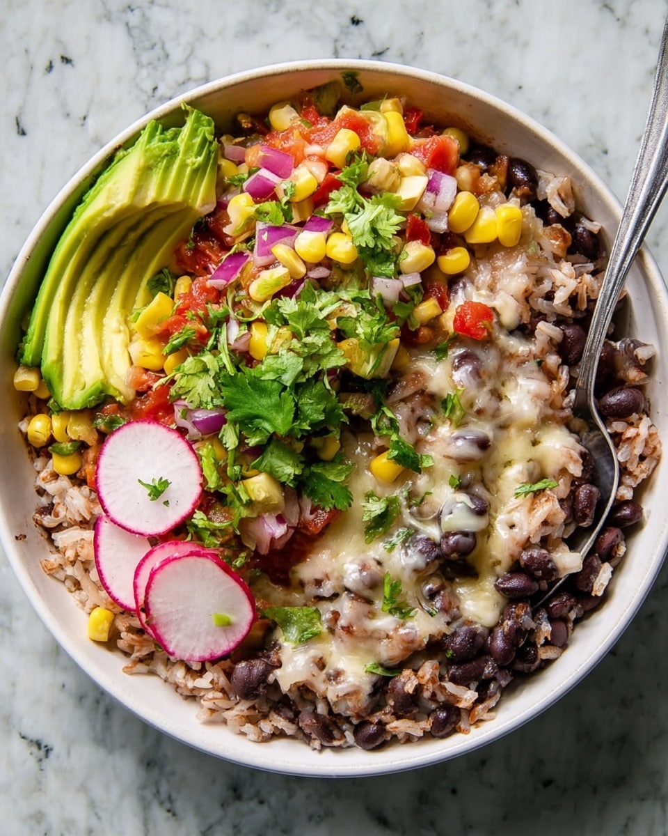 A white bowl filled with a layered dish starting with a base of cooked rice mixed with black beans spread mostly on the right side, topped with creamy melted cheese and some black beans on the upper right. On top of the rice and bean mixture, there is a colorful layer of corn kernels mixed with finely chopped red tomatoes, green peppers, and red onions, garnished with fresh green cilantro leaves. On the left edge of the bowl, a large slice of green avocado is placed partially on the rice, along with thinly sliced round radish pieces scattered across the dish. A silver spoon is resting inside the bowl on the right side. The bowl is set on a white marbled textured surface. photo taken with an iphone --ar 4:5 --v 7