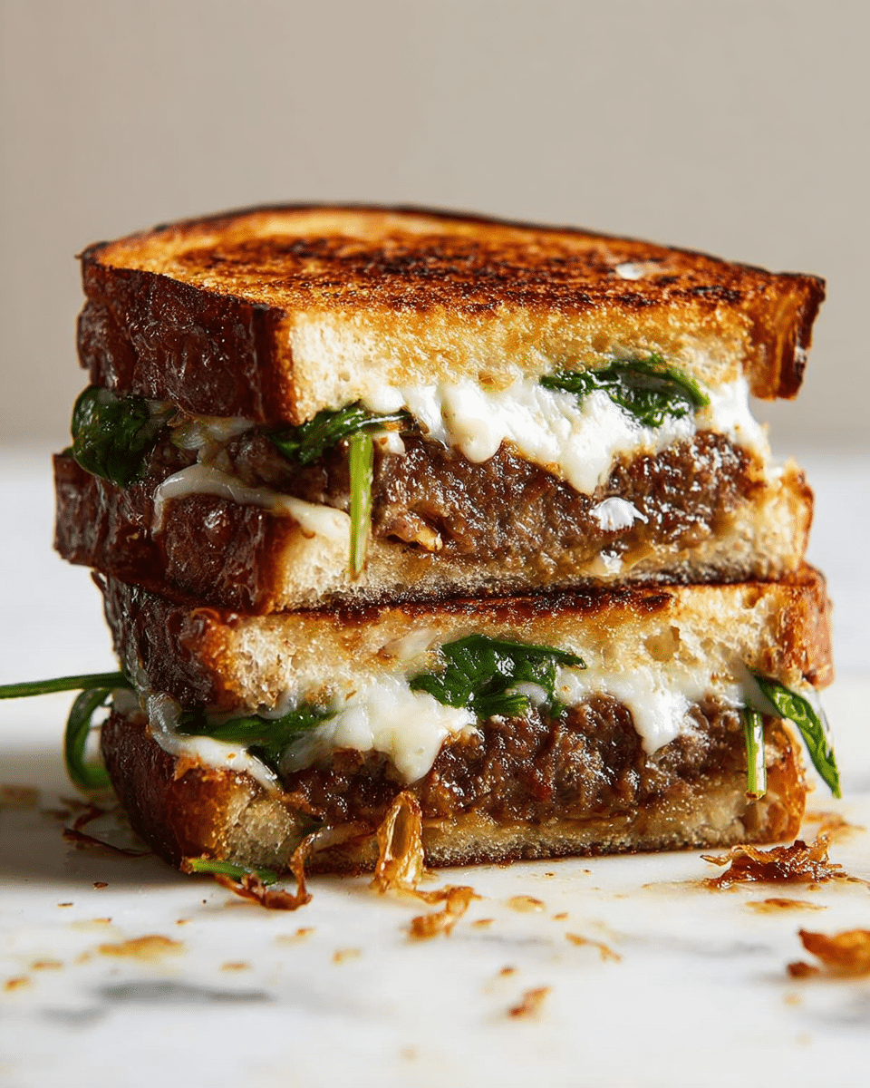 The image shows a thick sandwich with three layers of toasted bread, each slice golden brown with a crispy texture. The bottom layer consists of a slice of toasted bread topped with melted white cheese and green leafy vegetables, along with a thick, juicy brown patty. The middle slice of toasted bread separates this from the top layer, which repeats the juicy brown patty with melted white cheese and green leafy vegetables, creating a stacked and hearty look. The sandwich sits on a white marbled surface with some crumbs scattered around, giving a fresh and rustic feel. photo taken with an iphone --ar 4:5 --v 7