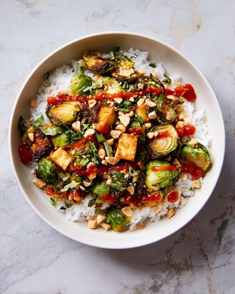 Roasted Brussels Sprouts and Tofu with Chile Lime Dressing Recipe