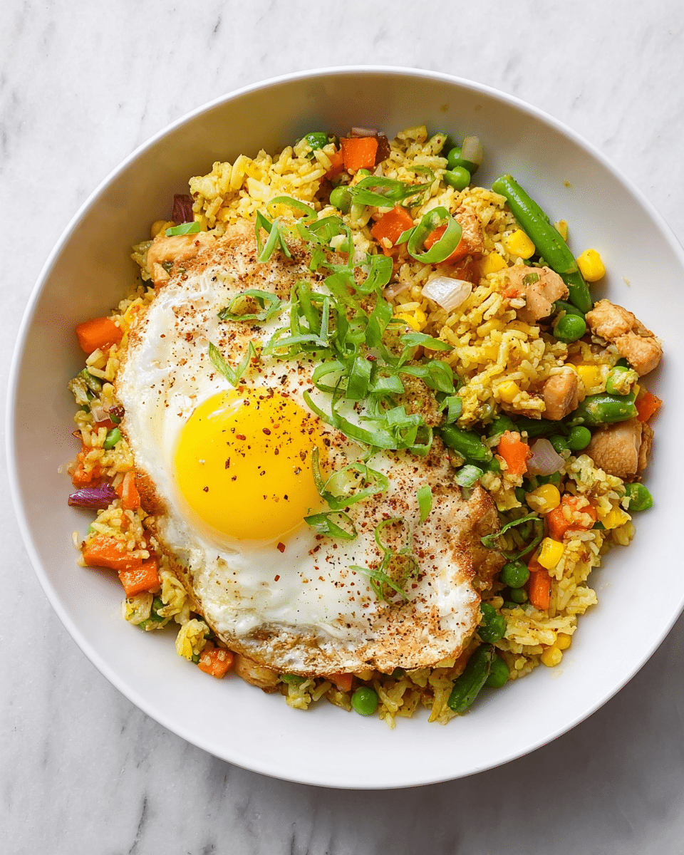 A white bowl filled with a colorful fried rice dish arranged in layers: the bottom layer is yellow rice mixed with small pieces of cooked chicken, bright green beans, orange carrot cubes, yellow corn kernels, and bits of red onion, all evenly spread. On top of the rice mixture, there is a sunny-side-up egg with a bright yellow yolk slightly off-center, surrounded by cooked white egg whites with some brown crispy edges. The dish is garnished with chopped green onions and freshly ground black pepper sprinkled over the egg and rice. The bowl rests on a white marbled surface. photo taken with an iphone --ar 4:5 --v 7